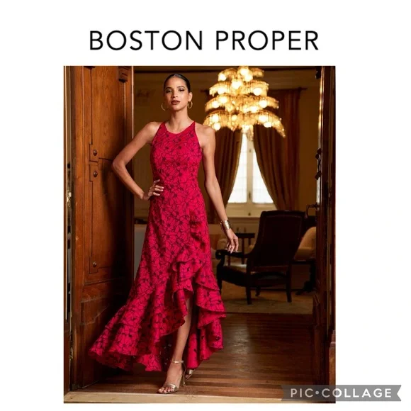 Boston Proper | Dresses | Highneck Floral Lace Red Maxi Dress With Layered  Ruffle Asymmetric Hem Size 6 | Poshmark